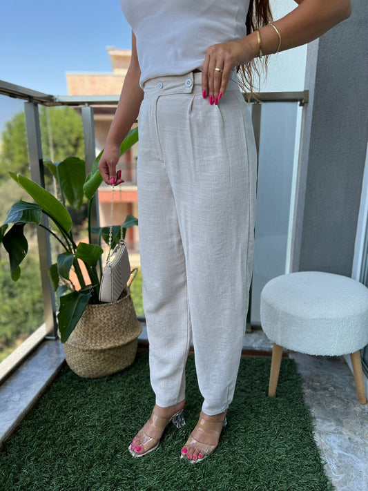 Paça ve Bel Düğme Detaylı Şalvar Keten Pantolon