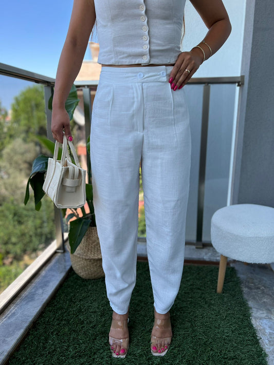 Paça ve Bel Düğme Detaylı Şalvar Keten Pantolon