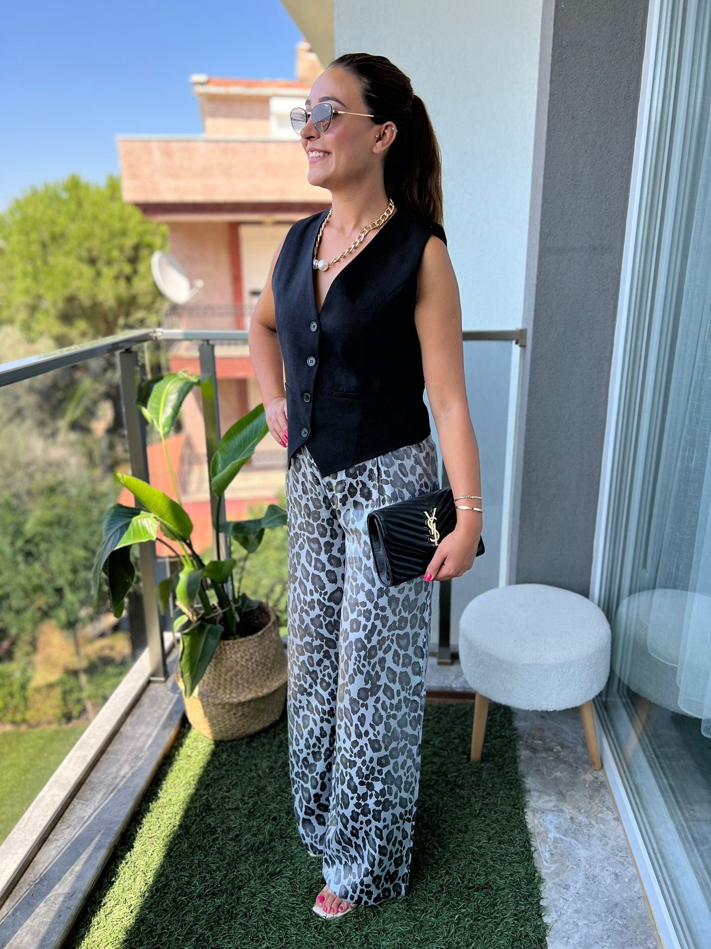 Beli Lastikli Saten Leopar Pantolon