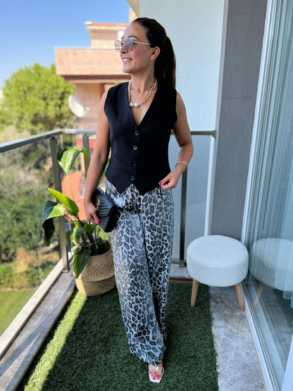 Beli Lastikli Saten Leopar Pantolon