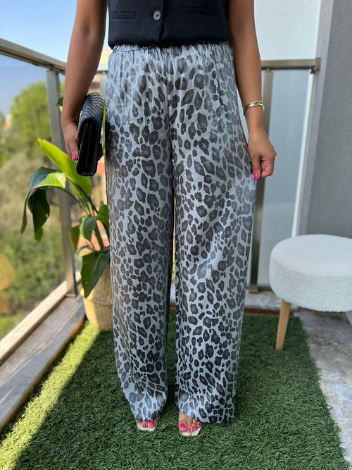 Beli Lastikli Saten Leopar Pantolon